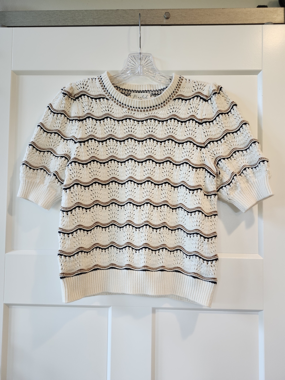 Marled Cream Open-Knit Short-Sleeve Sweater with Black Stripes